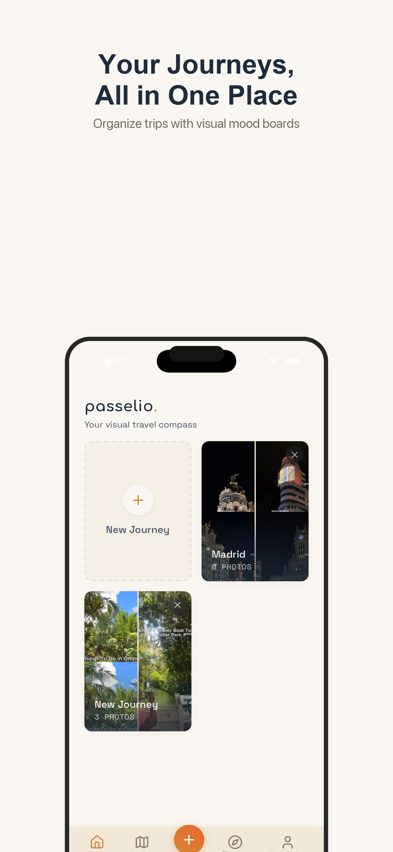 Passelio home screen showing journey cards